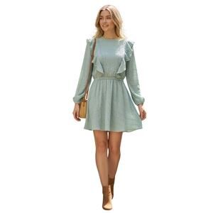 ZARA Sage Green Textured Ruffle Dress Women XS Cottagecore Long Sleeve Mini